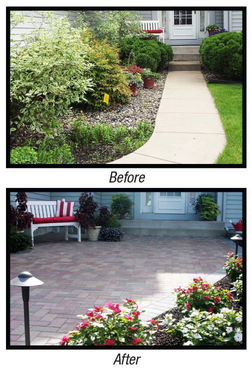 A paver patio/entryway creates a space for visiting with friends and neighbors and never needs watering!